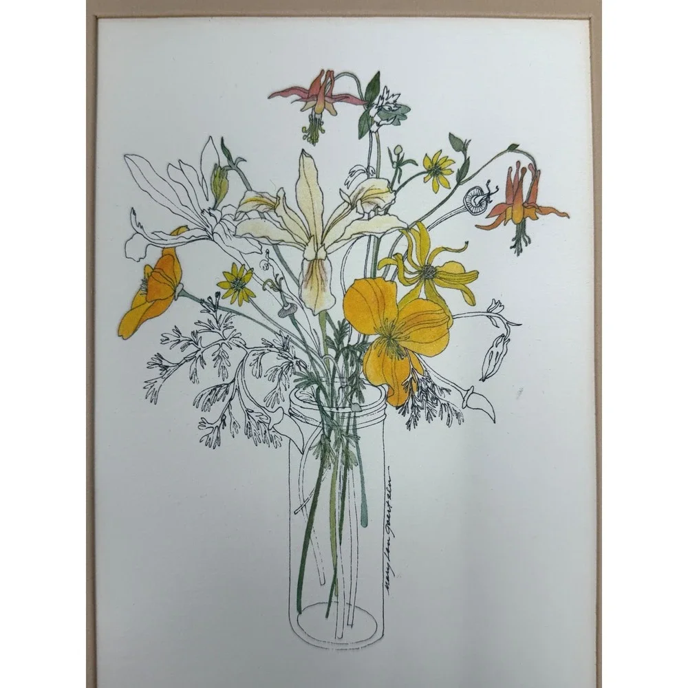 Vintage 1975 Mary Lou Goertzen Matted Lithograph Print Poppies in a Jar